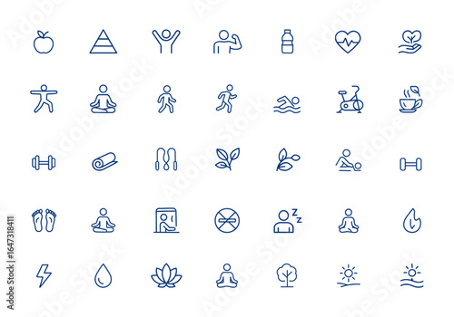 Healthy living icon collection featuring lifestyle, diet, exercise, training, yoga, walking, jogging, swimming, fitness, herbal tea, massage, reflexology, sauna, no smoking, sleep, dumbbell and more.