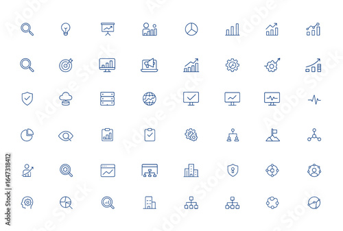 Editable analytics icon pack: business analysis, marketing, statistics, data chart, technology, finance, security, cloud database, network server, global performance, monitoring and more.