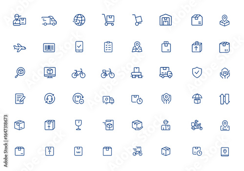 Shipping and delivery icon pack featuring courier service, transport, logistics, shopping cart, baggage, warehouse, truck, airplane, barcode, smartphone, order, map, overseas and more.