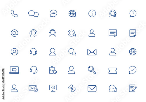 Customer service and contact icons set editable for support, inquiry, communication, website, FAQ, call, mail, client, map, operator, announcement, staff, form, business, cyberspace, search and more.