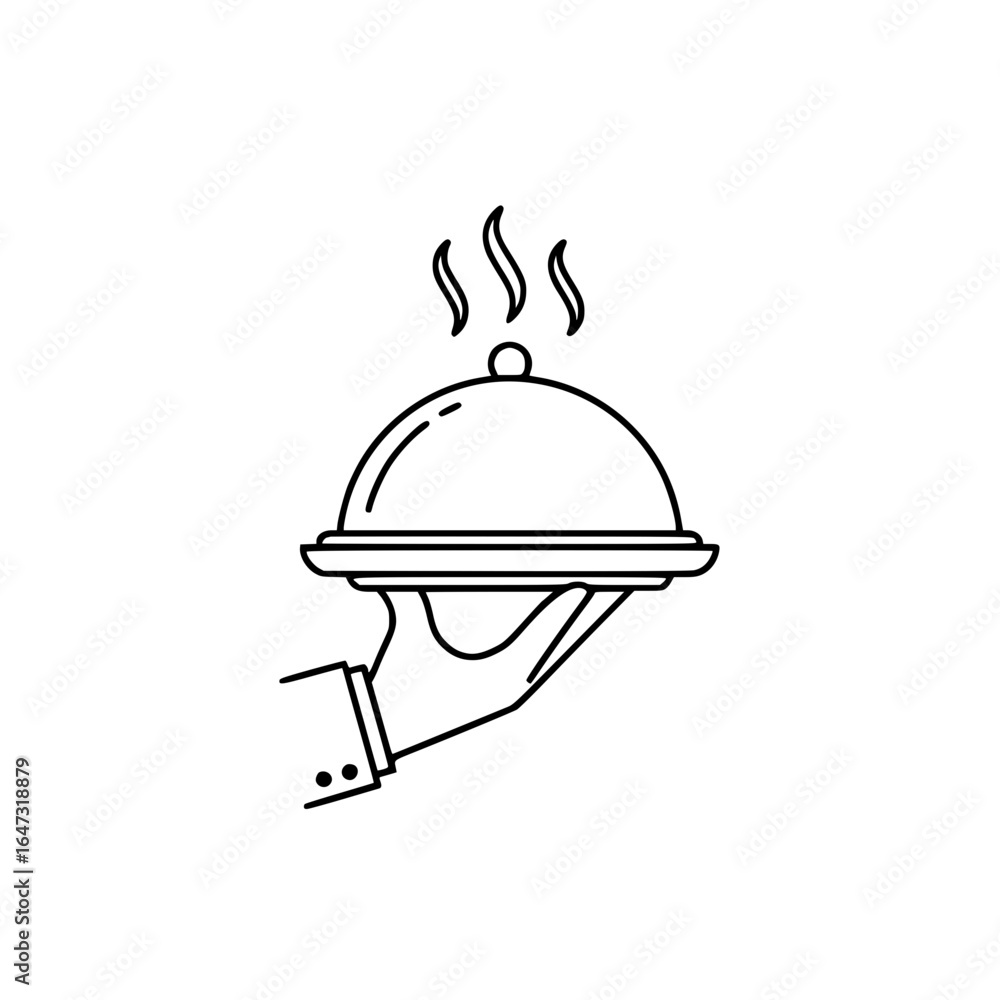 Fototapeta premium Hand holding a covered dish with rising steam lines minimalist icon on transparent background
