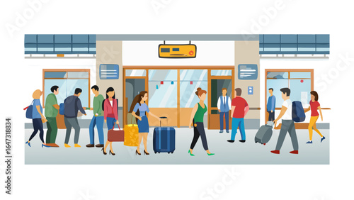 Busy train station platform, commuters with luggage.
