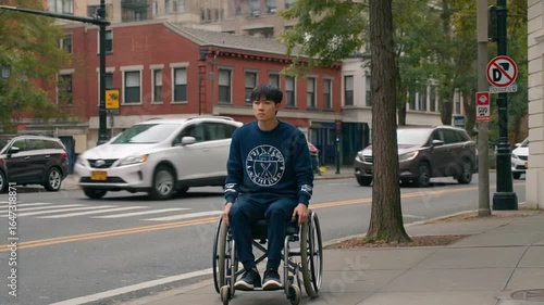 Wallpaper Mural Young man in wheelchair navigating city street on autumn day   Torontodigital.ca