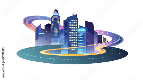 Modern city skyline, glowing roads, futuristic urban scene.
