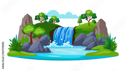 Serene waterfall cascading into a tranquil pool, surrounded by lush greenery.
