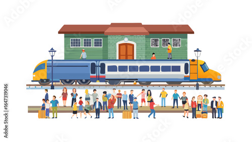 Crowd gathers at train station, awaiting departure.
