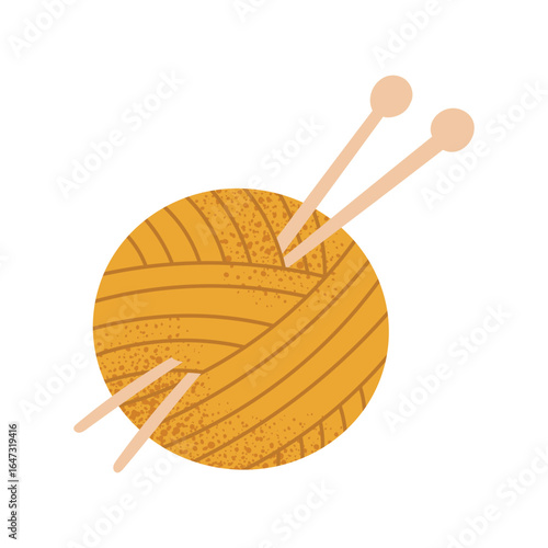 Yellow yarn ball with knitting needles. Soft wool thread for handmade crafts and knitting projects. Cozy textile hobby element. Vector illustration isolated on white background.