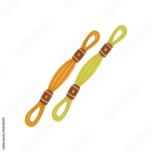 Floss threads. Two skeins of embroidery floss in yellow and green. Sewing and needlework materials for handmade crafts. Vector illustration isolated on white background.
