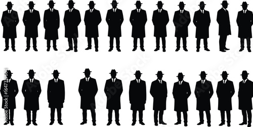 Silhouette set of vintage men in suits and hats, retro style, formal fashion, classic business attire, black and white vector