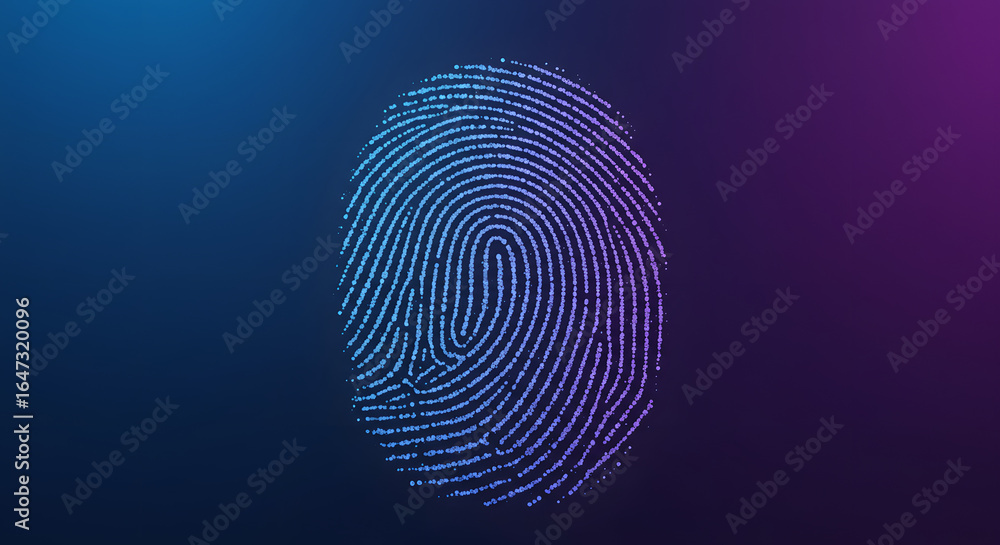 Glowing Fingerprint on Dark Blue and Purple Gradient Background Glowing Fingerprint on Dark Blue and Purple Gradient Background