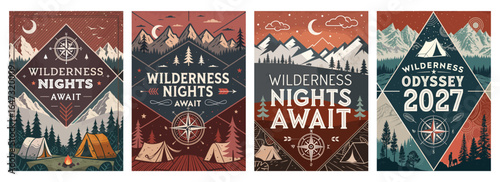 Four vintage-style wilderness-themed posters showcasing camping, mountains, and adventure.