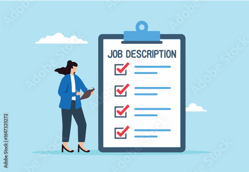Flat illustration of employer write job description document on clipboard responsibility and qualification for employment