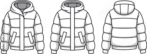 Puffer jacket with detachable hood and high collar, front zip closure, angled flap pockets, quilted padded design, ribbed hem and cuffs, CAD technical flat vector illustration