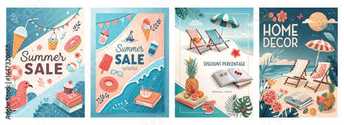 Vibrant summer sale graphics showcasing colorful items and relaxing beach themes.