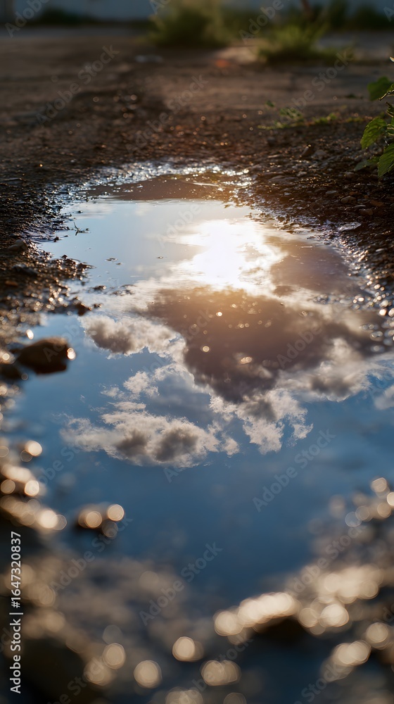 Obraz premium Golden Sunlight and Clouds Reflected in a Clear Puddle on a Muddy Path
