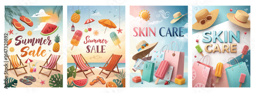 Colorful summer sale and skincare promotional graphics featuring vibrant beach themes and items.