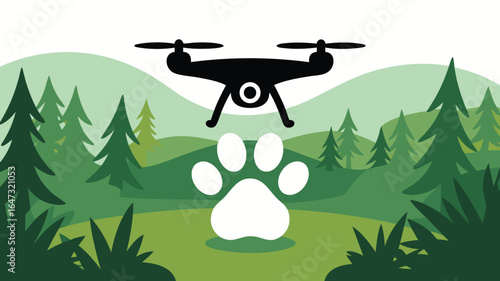 Black Drone Flying Over White Paw Print Against Forest Background Illustration for Pets