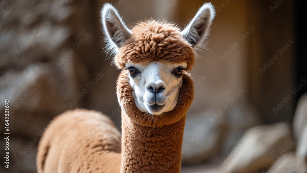 Obraz premium Close-up of a brown llama with fluffy fur on its face, looking directly at the camera. The background is blurred, emphasizing the llama's features.