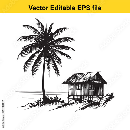 Island, beach, palm tropical beach hut with a palm tree, isolated on white background