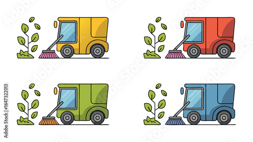 Colorful Cartoon Street Sweepers Beside Green Plants with Falling Leaves Illustration Design