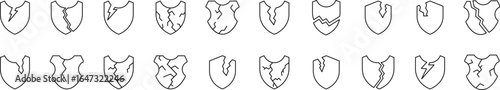 Set of Line Icons of Broken Shield. Minimalistic Linear Pictogram for Web and Graphic Design, Apps, Banners, Social Network and Cards