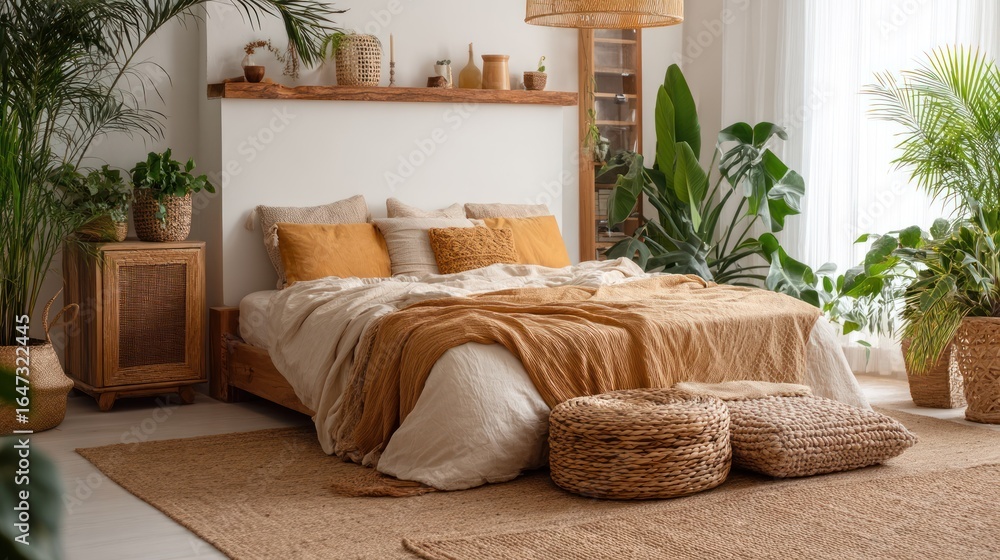 Obraz premium Boho style bedroom featuring natural fibers, woven blankets, and plants