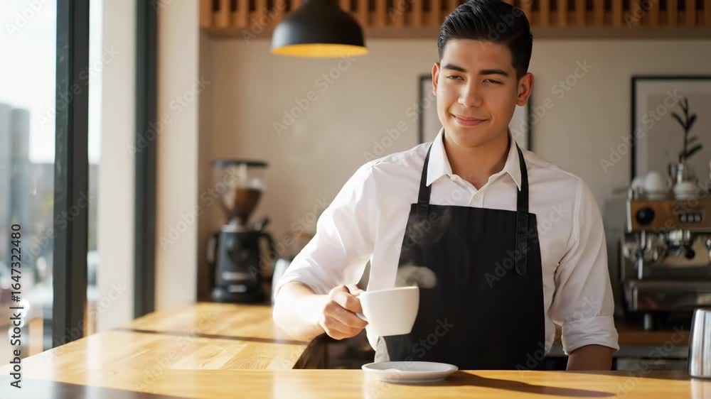 Young Barista Serving Coffee in Modern Cafe - A smiling young man, wearing a black apron, carefully places a steaming cup of coffee on a wooden counter in a bright and modern cafe. Young Barista Serving Coffee in Modern Cafe - A smiling young man, wearing a black apron, carefully places a steaming cup of coffee on a wooden counter in a bright and modern cafe.