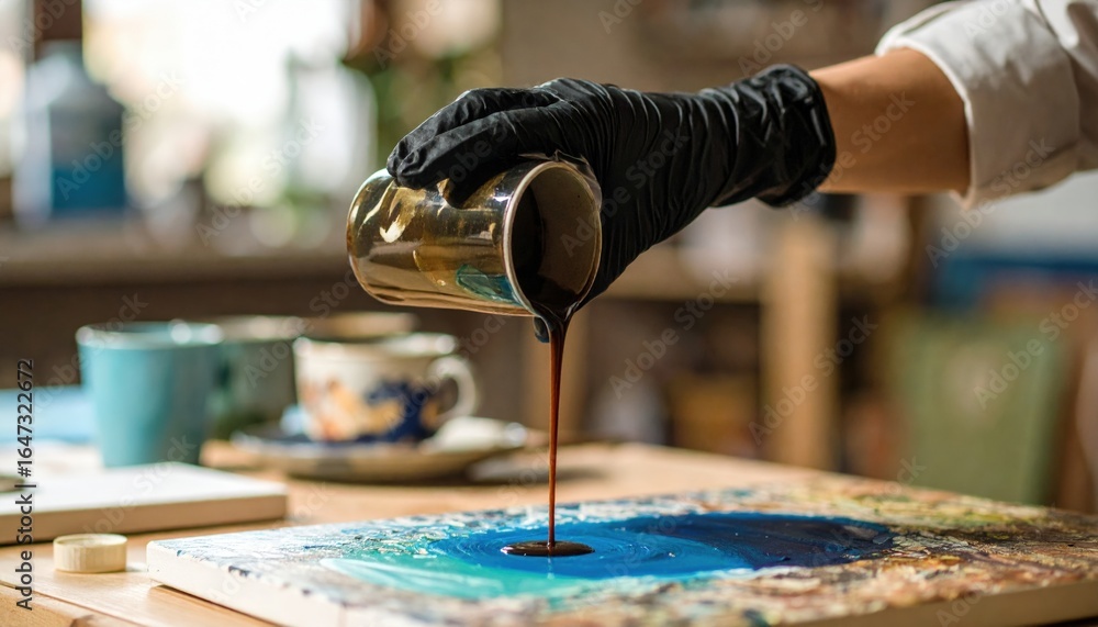 Obraz premium Hand Pouring Dark Brown Liquid On Abstract Blue Painting