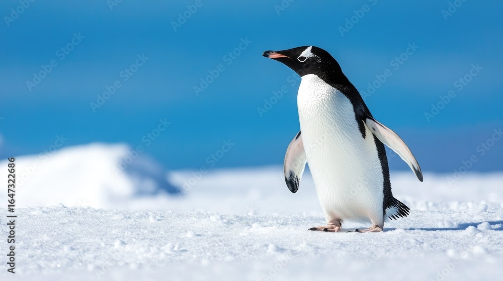 Fototapeta premium Side view of a penguin walking through snow, flippers slightly spread for balance, with blue sky backdrop