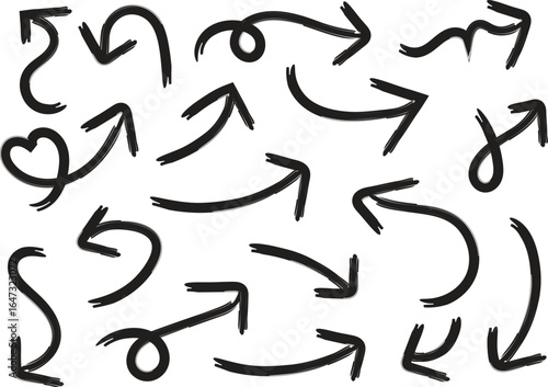 Hand drawn arrow set vector illustration, doodle sketch style curved and wavy arrows, playful black and white directional icons for navigation, design elements, and creative projects
