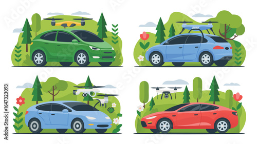 Four Cars with Drones Hovering Above in Colorful Cartoon Style Nature Scenes Illustration