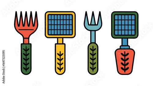 Four Colorful Hand Rakes and Garden Cultivators with Patterned Handles Isolated on White
