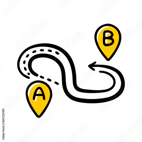 A winding route connects points A and B.
