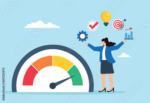 Flat illustration of multitasking businesswoman work efficiency on high performance success talent employee productivity skill