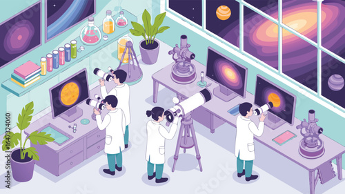Isometric Illustration Young Scientists Observe Galaxies and Planets in a Modern Astronomy Laboratory Setting
