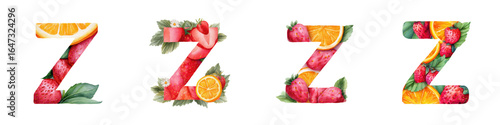 Wallpaper Mural Four watercolor uppercase 'Z' letters filled with vibrant strawberries juicy orange slices and green leaves Torontodigital.ca