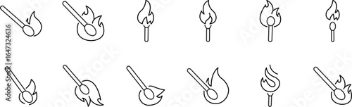 Collection of Fire Related Line Icons. Matches Outline Signs for Graphic and Web Design, Apps, Adverts, Various Cards