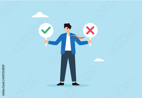 Flat illustration of businessman holding check mark and cross signs to represent decision making comparison and choosing between right and wrong
