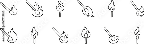 Fire Line Icon Pack. Matches Outline Signs for Graphic and Web Design, Apps, Adverts, Various Cards