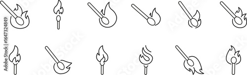 Fire Thin Line Icon Set. Matches Outline Signs for Graphic and Web Design, Apps, Adverts, Various Cards