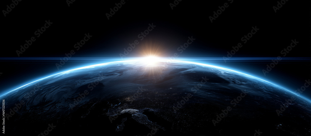 Fototapeta premium Blue glowing light beam on a black background with an earth shadow. Abstract blue gradient space background with a copy text area for design, banner, wallpaper, or poster. Stock photo, dark atmosphere