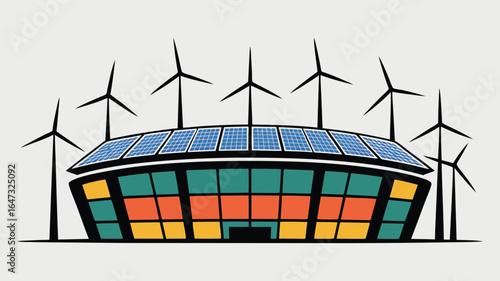 Wind Turbines and Solar Panels Powering a Colorful Modern Stadium in an Illustration Style