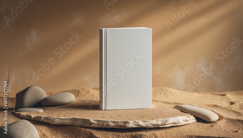 A plain white book standing upright on sandy surface with rocks and warm lighting.