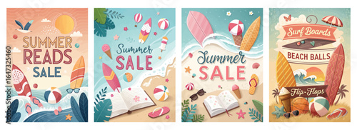 Colorful summer-themed illustrations featuring sales and leisure items for a joyful season.