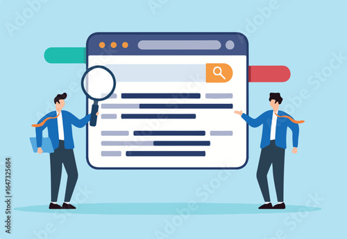 Flat illustration of business marketing team move website up in search ranking for better SEO performance