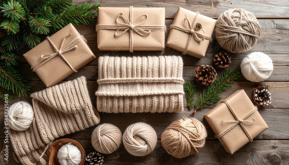 Fototapeta premium Christmas Gifts And Knitted Items On Wooden Background