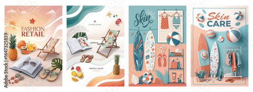 Colorful summer-themed illustrations featuring fashion retail and skin care essentials.