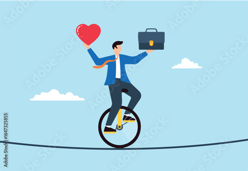 Flat illustration of businessman riding unicycle and balancing heart briefcase on tightrope work life balance managing stress