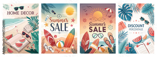 Vibrant summer sale posters featuring beach themes, bright colors, and seasonal products for a fun shopping experience.