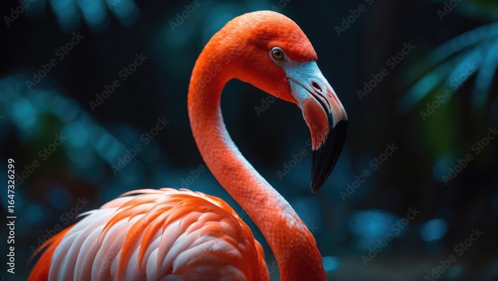 Obraz premium Colorful flamingo bird in the wild with lush green background. Wildlife and nature theme. Avian species and tropical birds. The focus on the flamingo's vibrant plumage.